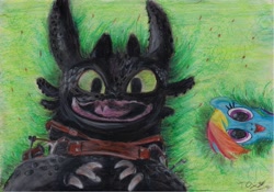 Size: 1280x897 | Tagged: safe, artist:darkwetoxy, rainbow dash, oc, oc:chilling, pegasus, pony, g4, crayon, cute, dashabetes, dreamworks, grass, happy, how to train your dragon, toothless the dragon