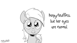 Size: 1200x675 | Tagged: safe, artist:pony-berserker, derpy hooves, pegasus, pony, pony-berserker's twitter sketches, g4, alternate universe, black and white, caption, cursed image, evil twin, female, grayscale, halftone, heresy, looking at you, mare, monochrome, moral event horizon, pure unfiltered evil, simple background, smiling, solo, something is not right, underp, we are going to hell, white background