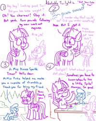 Size: 4779x6013 | Tagged: safe, artist:adorkabletwilightandfriends, spike, twilight sparkle, oc, oc:trevor, alicorn, dragon, earth pony, pony, comic:adorkable twilight and friends, g4, adorkable, adorkable twilight, blushing, comic, cup, cupcake, cute, door, doorbell, dork, eating, female, filly, food, front door, humor, kindness, kitchen, present, sitting, slice of life, table, thumbs up, twilight sparkle (alicorn), wholesome