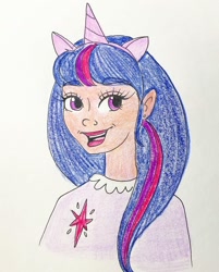 Size: 1080x1344 | Tagged: safe, alternate version, artist:malin_sketches, twilight sparkle, human, g4, bust, clothes, eyelashes, fake ears, fake horn, female, humanized, lipstick, open mouth, smiling, solo, traditional art