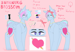 Size: 1280x885 | Tagged: safe, artist:shinningblossom12, oc, oc only, oc:shinning blossom, pegasus, pony, choker, deviantart watermark, eye clipping through hair, female, heart, mare, obtrusive watermark, pegasus oc, reference sheet, watermark, wings