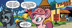 Size: 872x342 | Tagged: safe, artist:andy price, idw, official comic, art noir, golden feather, pink molly, princess celestia, earth pony, pegasus, pony, unicorn, g4, spoiler:comic, spoiler:comic65, braid, braided tail, clothes, comic, female, foreshadowing, hoodie, implied pinkie pie, implied twilight sparkle, male, mare, speech bubble