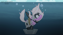 Size: 8000x4500 | Tagged: safe, artist:metalhead97, oc, oc only, oc:violet, pegasus, pony, asphyxiation, bondage, bound wings, bubble, cape, cement, cement shoes, cloth gag, clothes, cloud, cloudy, commission, dark, desperation, drowning, female, floppy ears, gag, imminent death, latex, latex boots, latex socks, latex suit, leotard, looking up, mare, mask, rubber, rubber suit, scared, show accurate, socks, this will end in death, tied, tied up, underwater, water