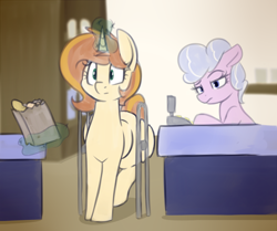Size: 1488x1245 | Tagged: safe, artist:andelai, oc, oc:celice, earth pony, pony, unicorn, cash register, cashier, earth pony oc, female, magic, paper bag, plump, stuck, the ass was too fat, wide hips