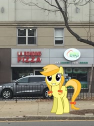 Size: 2448x3264 | Tagged: safe, artist:90sigma, artist:topsangtheman, jonagold, marmalade jalapeno popette, earth pony, pony, g4, apple family member, building, car, high res, irl, looking at you, photo, ponies in real life, restaurant, solo