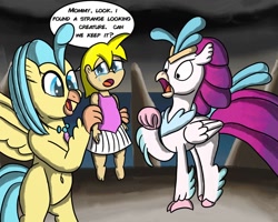 Size: 1280x1024 | Tagged: safe, artist:saburodaimando, princess skystar, queen novo, oc, oc:wanda young, hippogriff, human, g4, my little pony: the movie, belly button, bipedal, clothes, crying, featureless crotch, female, gasp, human coloration, sad, shocked, shocked expression, swimsuit, wide eyes