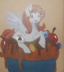 Size: 720x816 | Tagged: safe, artist:chewy-tartz, artist:fluffernutters16, oc, oc only, oc:bittersweet, pegasus, pony, colored wings, food, gradient wings, ice cream, ice cream sundae, ponies in food, smiling, traditional art, wings