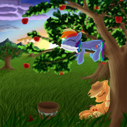 Size: 2000x2000 | Tagged: safe, artist:stellardust, derpibooru exclusive, applejack, rainbow dash, earth pony, pegasus, pony, g4, apple, apple tree, basket, duo, female, food, grass, high res, mare, pillow, prone, sleeping, sunset, tree