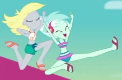 Size: 1039x680 | Tagged: safe, screencap, derpy hooves, lyra heartstrings, equestria girls, g4, i'm on a yacht, spoiler:eqg series (season 2), belly button, bikini, clothes, duo, duo female, eyes closed, feet, female, open mouth, sandals, smiling, swimsuit