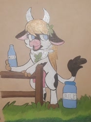 Size: 720x964 | Tagged: safe, artist:chewy-tartz, artist:fluffernutters16, oc, oc:lucky, bipedal, cloven hooves, cow oc, milk, milk jug, standing, udder