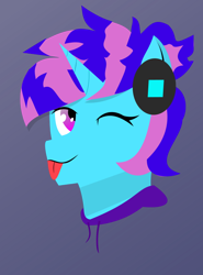 Size: 576x777 | Tagged: safe, artist:samsailz, oc, pony, unicorn, clothes, headphones, hoodie, horn, mlem, one eye closed, silly, simple shading, smiling, tongue out, unicorn oc, wink