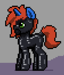 Size: 336x394 | Tagged: safe, artist:bitassembly, oc, oc only, oc:cyberpon3, pony, unicorn, bondage, encasement, gas mask, latex, latex suit, male, mask, pixel art, rubber drone, solo, stallion, tail wrap