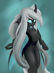 Size: 2217x3000 | Tagged: safe, artist:teelastrie, oc, oc only, oc:teelas, changeling, semi-anthro, arm hooves, changeling oc, featureless crotch, female, glowing eyes, high res, solo