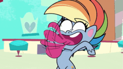Size: 853x480 | Tagged: safe, screencap, rainbow dash, pegasus, pony, g4.5, my little pony: pony life, zound off, animated, female, gif, long tongue, mare, mlem, out of context, rainbowsnap, silly, silly pony, solo, tongue out, wat
