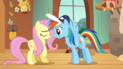 Size: 1920x1080 | Tagged: safe, edit, edited screencap, editor:sponandi, screencap, fluttershy, rainbow dash, pegasus, pony, a canterlot wedding, g4, hurricane fluttershy, animated, baseball cap, cap, coach rainbow dash, duo, excited, eye contact, female, flapping, fluttershy's cottage, flying, frown, happy, hat, implied flutterdash, implied kissing, implied lesbian, implied shipping, lidded eyes, looking at each other, mare, rainbow dashs coaching whistle, raised hoof, raised leg, smiling, sound, surprised, webm, whistle, wide eyes, worried