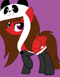 Size: 1896x2418 | Tagged: safe, artist:circuspaparazzi5678, oc, oc only, oc:panda flare, pegasus, pony, base used, brown hair, clothes, cute, cutie mark, panda hat, paws, red coat, socks, solo
