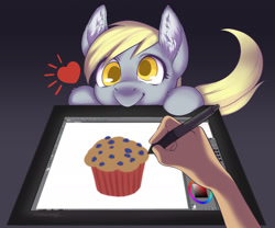 Size: 1920x1598 | Tagged: safe, artist:taytinabelle, derpy hooves, human, pegasus, pony, g4, colored pupils, drawing tablet, ear fluff, female, food, hand, human and pony, looking at you, mare, muffin, offscreen character, pov, simple background, smiling, solo, stylus, tablet, unshorn fetlocks