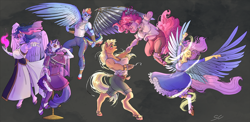 Size: 8974x4376 | Tagged: safe, artist:sourcherry, applejack, fluttershy, pinkie pie, rainbow dash, rarity, twilight sparkle, alicorn, draconequus, earth pony, pegasus, unicorn, anthro, unguligrade anthro, fanfic:my little pony: the unexpected future, amputee, applejacked, artificial wings, augmented, clothes, commission, dancing, draconequified, dress, female, flutterequus, hook hand, mane six, muscles, prosthetic limb, prosthetic wing, prosthetics, species swap, twilight sparkle (alicorn), wings