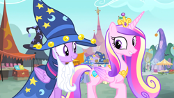 Size: 3000x1687 | Tagged: safe, screencap, princess cadance, twilight sparkle, alicorn, pony, g4, three's a crowd, background pony, cloak, clothes, costume, fair, fake beard, female, hat, mare, sisters-in-law, star swirl the bearded costume, twilight sparkle (alicorn), wizard hat