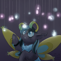 Size: 3000x3000 | Tagged: safe, artist:night_the_mad_queen, oc, oc only, oc:lymantria, moth, mothpony, original species, pony, antennae, chest fluff, colored sclera, commission, ear fluff, eye clipping through hair, eyebrows, eyebrows visible through hair, eyeliner, eyeshadow, gray background, high res, hoof fluff, light, looking up, makeup, male, raised hoof, running makeup, simple background, slit pupils, solo, underhoof, watermark, wings, wristband, ych result