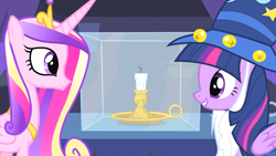 Size: 1920x1080 | Tagged: safe, screencap, princess cadance, twilight sparkle, alicorn, pony, g4, three's a crowd, candle, duo, fake beard, female, hat, mare, sisters-in-law, star swirl the bearded costume, twilight sparkle (alicorn), wizard hat