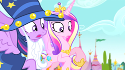 Size: 1920x1080 | Tagged: safe, screencap, princess cadance, twilight sparkle, alicorn, pony, g4, three's a crowd, duo, duo female, fake beard, female, hat, mare, sisters-in-law, star swirl the bearded costume, twilight sparkle (alicorn), wizard hat