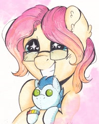 Size: 2828x3534 | Tagged: safe, artist:lightisanasshole, soarin', oc, oc only, oc:barpy, pegasus, pony, g4, excited, glasses, happy, heart eyes, high res, pegasus oc, plushie, profile, profile picture, smiling, solo, traditional art, watercolor painting, wingding eyes, wings