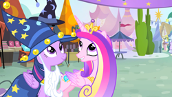 Size: 1920x1080 | Tagged: safe, screencap, princess cadance, twilight sparkle, alicorn, pony, g4, three's a crowd, duo, duo female, fake beard, female, hat, mare, sisters-in-law, star swirl the bearded costume, teeth, twilight sparkle (alicorn), wizard hat