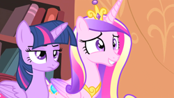 Size: 1920x1080 | Tagged: safe, screencap, princess cadance, twilight sparkle, alicorn, pony, g4, my little pony: friendship is magic, three's a crowd, awkward smile, colored wings, cute, cutedance, duo, duo female, female, folded wings, golden oaks library, mare, sisters-in-law, smiling, twilight sparkle (alicorn), twilight sparkle is not amused, unamused, wings