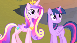 Size: 1920x1080 | Tagged: safe, screencap, princess cadance, twilight sparkle, alicorn, pony, g4, three's a crowd, crown, duo, duo female, female, folded wings, jewelry, mare, regalia, sisters-in-law, twilight sparkle (alicorn), wings