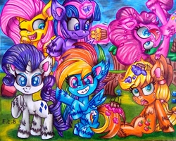 Size: 2636x2113 | Tagged: safe, artist:estrellasombria, applejack, fluttershy, pinkie pie, rainbow dash, rarity, twilight sparkle, alicorn, earth pony, pegasus, pony, unicorn, g4.5, my little pony: pony life, applejack's hat, colored pencil drawing, cowboy hat, cupcake, female, food, hat, high res, looking at you, mare, open mouth, smiling, traditional art, twilight sparkle (alicorn)