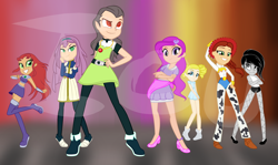 Size: 3976x2376 | Tagged: safe, artist:cmors12, artist:iou, derpibooru exclusive, oc, oc:iou, oc:monochrome kitty, equestria girls, g4, amethyst van der troll, barely eqg related, base used, boots, bubbles (powerpuff girls), clothes, cowboy boots, cowboy hat, cowgirl, cowgirl outfit, crossover, equestria girls style, equestria girls-ified, hat, high res, inazuma eleven go chrono stone, jessie (toy story), meia, miniskirt, powerpuff girls z, rolling bubbles, shoes, skirt, socks, starfire, teen titans, the powerpuff girls, thigh boots, thigh highs, toy story, trollz, yin yang yo!, zettai ryouiki