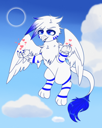 Size: 2000x2500 | Tagged: safe, artist:etoz, oc, oc only, oc:light speed, griffon, cloud, commission, griffon oc, happy, heart, high res, male, sky, smiling, wings