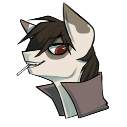 Size: 2343x2343 | Tagged: safe, artist:earthpone, oc, oc only, oc:zeth fors, earth pony, pony, bust, cel shading, cigarette, coat markings, high res, male, pinto, portrait, shading, simple background, solo, stallion, transparent background
