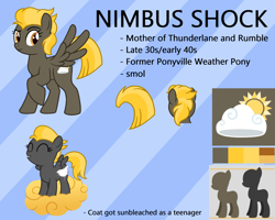 Size: 2500x2000 | Tagged: safe, artist:deserter, oc, oc only, oc:nimbus shock, pegasus, pony, abstract background, blue background, cloud, cropped tail, cutie mark, cutiespark, empty space, female, filly, high res, kinto'un, mare, mother, mullet, nimbus, proud, short, short hair, simple background, smol, spread wings, sun bleached, tomboy, wings