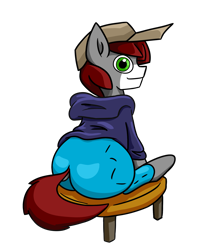 Size: 3369x4178 | Tagged: safe, artist:khaki-cap, oc, oc only, oc:khaki-cap, earth pony, pony, butt, buttcheeks, cap, chair, clothes, dock, earth pony oc, extra thicc, hat, hoodie, jean butt, jean thicc, jeans, large butt, looking at you, looking back, looking back at you, male, pants, plot, simple background, smiling, smiling at you, stallion, tail, the ass was fat, thick, transparent background