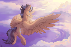 Size: 2551x1701 | Tagged: safe, artist:dorkmark, artist:pandachenn, oc, oc only, oc:brightsky wing, pegasus, pony, cloud, flying, solo