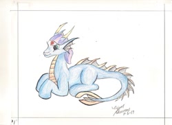 Size: 1024x745 | Tagged: safe, artist:lilyfathom, artist:lp2lily, oc, oc only, oc:dragonpony, oc:lily truman, dracony, dragon, hybrid, pony, aquamarine eyes, blue, colored, forehead jewel, gem, male, pencil drawing, prone, red jewel, scales, simple background, solo, spine, traditional art, traditional royal canterlot voice, white background