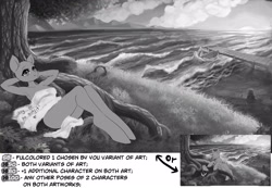 Size: 3840x2657 | Tagged: safe, artist:st. oni, oc, oc only, pony, advertisement, black and white, boat, commission, complex background, cute, experimental style, grayscale, high res, monochrome, mountain, pier, scenery, solo, sunset, text, tree, water, your character here