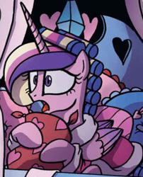 Size: 812x1005 | Tagged: safe, idw, princess cadance, pony, friends forever #30, g4, my little pony: friends forever, spoiler:comic, bare hooves, bed, clothes, comic, cropped, cushion, female, folded wings, hair curlers, heart, one-panel comic, robe, solo, wings
