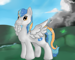 Size: 1280x1024 | Tagged: safe, artist:sukithehybridwolf, oc, oc only, oc:abluskittle, pegasus, pony, cloud, outdoors, solo