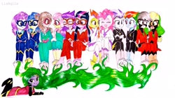 Size: 4128x2322 | Tagged: safe, artist:liaaqila, idw, applejack, fili-second, fluttershy, mane-iac, mistress marevelous, pinkie pie, radiance, rainbow dash, rarity, saddle rager, twilight sparkle, zapp, equestria girls, g4, :t, adoradiance, adoravelous, alternate hairstyle, barefoot, bedroom eyes, belt, boots, clothes, commission, costume, crying, cute, cute-iac, dashabetes, diapinkes, equestria girls-ified, feet, female, fetish, filibetes, foot fetish, gloves, goggles, grin, high res, humane five, humane six, jackabetes, jewelry, laughing, liaaqila is trying to murder us, looking at each other, maneadorable, mask, masked matter-horn costume, matterbetes, mischievous, necklace, open mouth, outfit, power ponies, ragerbetes, raribetes, shoes, shyabetes, simple background, smiling, soles, tears of laughter, tickle torture, tickling, traditional art, twiabetes, wall of tags, white background, zappabetes