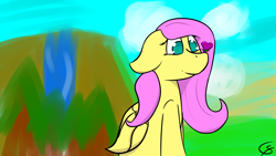 Size: 1920x1080 | Tagged: safe, artist:gamer-shy, fluttershy, butterfly, pegasus, pony, g4, butterfly on nose, cute, insect on nose, pink mane, watercolor background, waterfall