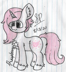 Size: 1984x2176 | Tagged: safe, artist:solder point, oc, oc only, pony, unicorn, chest fluff, ear fluff, female, happy, leg fluff, lined paper, mare, signature, smiling, solo, standing, traditional art