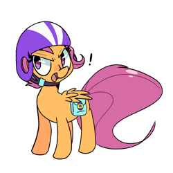 Size: 2500x2500 | Tagged: safe, artist:kindakismet, scootaloo, pegasus, pony, g4, bag, cute, cutealoo, exclamation point, female, filly, helmet, high res, open mouth, saddle bag, simple background, solo, white background