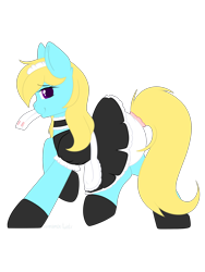Size: 2108x2808 | Tagged: safe, artist:xcinnamon-twistx, oc, oc only, earth pony, pony, clothes, collar, commission, crossdressing, diaper, diaper fetish, female, fetish, frills, high res, looking at you, maid, maid headdress, mouth hold, non-baby in diaper, poofy diaper, shoes, simple background, solo, transparent background, ych result