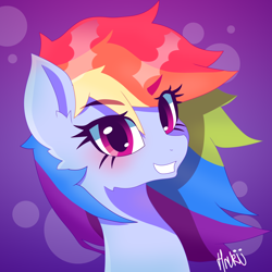 Size: 2000x2000 | Tagged: safe, artist:hrukii, rainbow dash, pony, g4, abstract background, bust, cropped, ear fluff, eye clipping through hair, female, grin, high res, looking at you, mare, portrait, smiling, solo, three quarter view