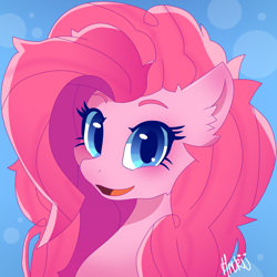 Size: 2000x2000 | Tagged: safe, artist:hrukii, pinkie pie, earth pony, pony, g4, abstract background, bust, cropped, cute, diapinkes, ear fluff, female, high res, looking at you, mare, open mouth, portrait, smiling, solo, three quarter view