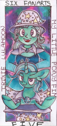 Size: 486x1080 | Tagged: safe, alternate version, artist:twilightcomet, trixie, pony, unicorn, equestria girls, g4, bust, cape, clothes, female, hat, mare, open mouth, self ponidox, smiling, smirk, traditional art, trixie's cape, trixie's hat, underhoof