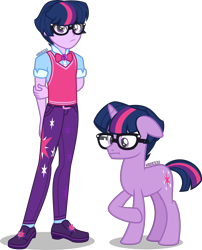 Size: 3233x4000 | Tagged: safe, alternate version, artist:orin331, sci-twi, twilight sparkle, human, pony, unicorn, equestria girls, g4, :t, arm behind back, bowtie, clothes, cutie mark, cutie mark on clothes, dusk shine, equestria guys, floppy ears, geode of telekinesis, glasses, high res, human ponidox, magical geodes, male, pants, raised hoof, rule 63, sci-dusk, self paradox, self ponidox, shirt, shoes, simple background, stallion, sweater vest, transparent background, unicorn sci-dusk, unicorn sci-twi